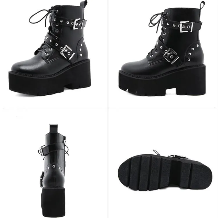 Women prom chunky platform studded buckle strap lace up black boots