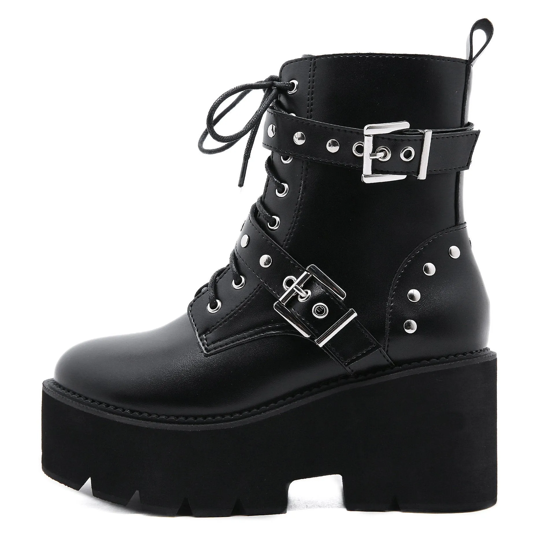 Women prom chunky platform studded buckle strap lace up black boots