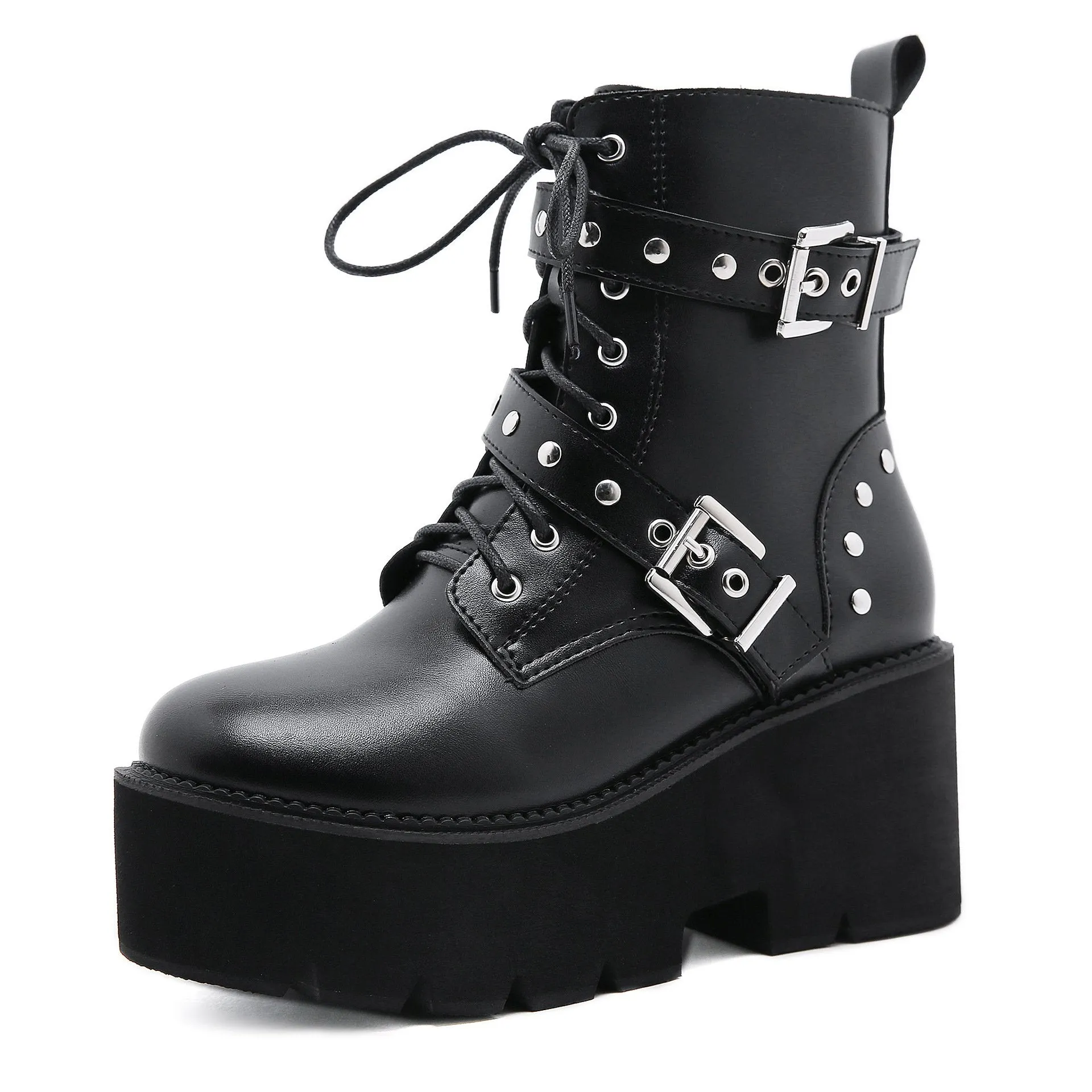 Women prom chunky platform studded buckle strap lace up black boots