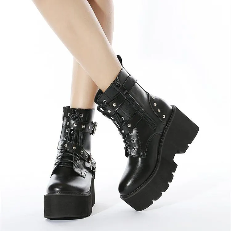 Women prom chunky platform studded buckle strap lace up black boots