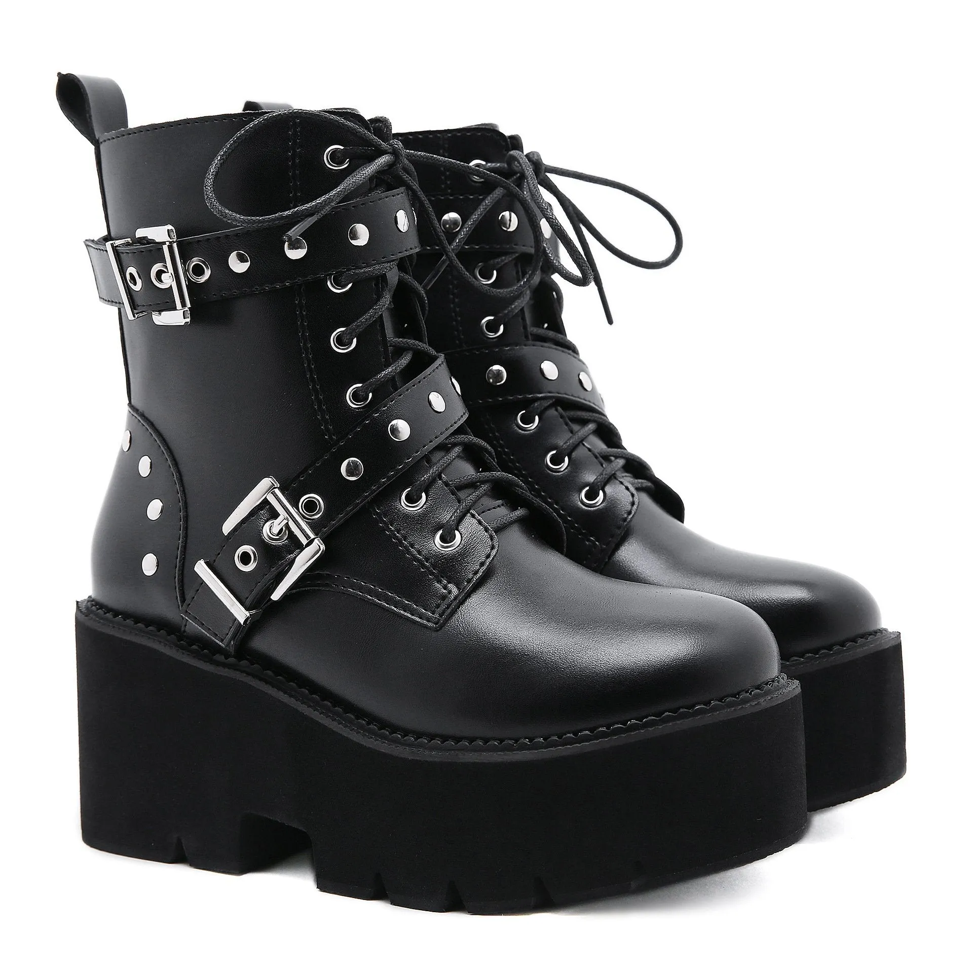 Women prom chunky platform studded buckle strap lace up black boots