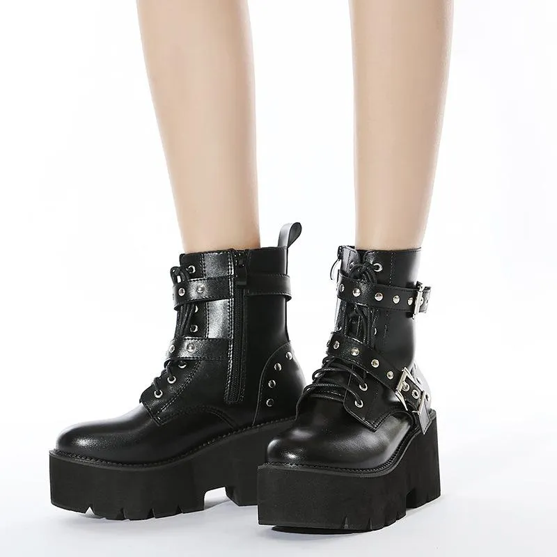 Women prom chunky platform studded buckle strap lace up black boots