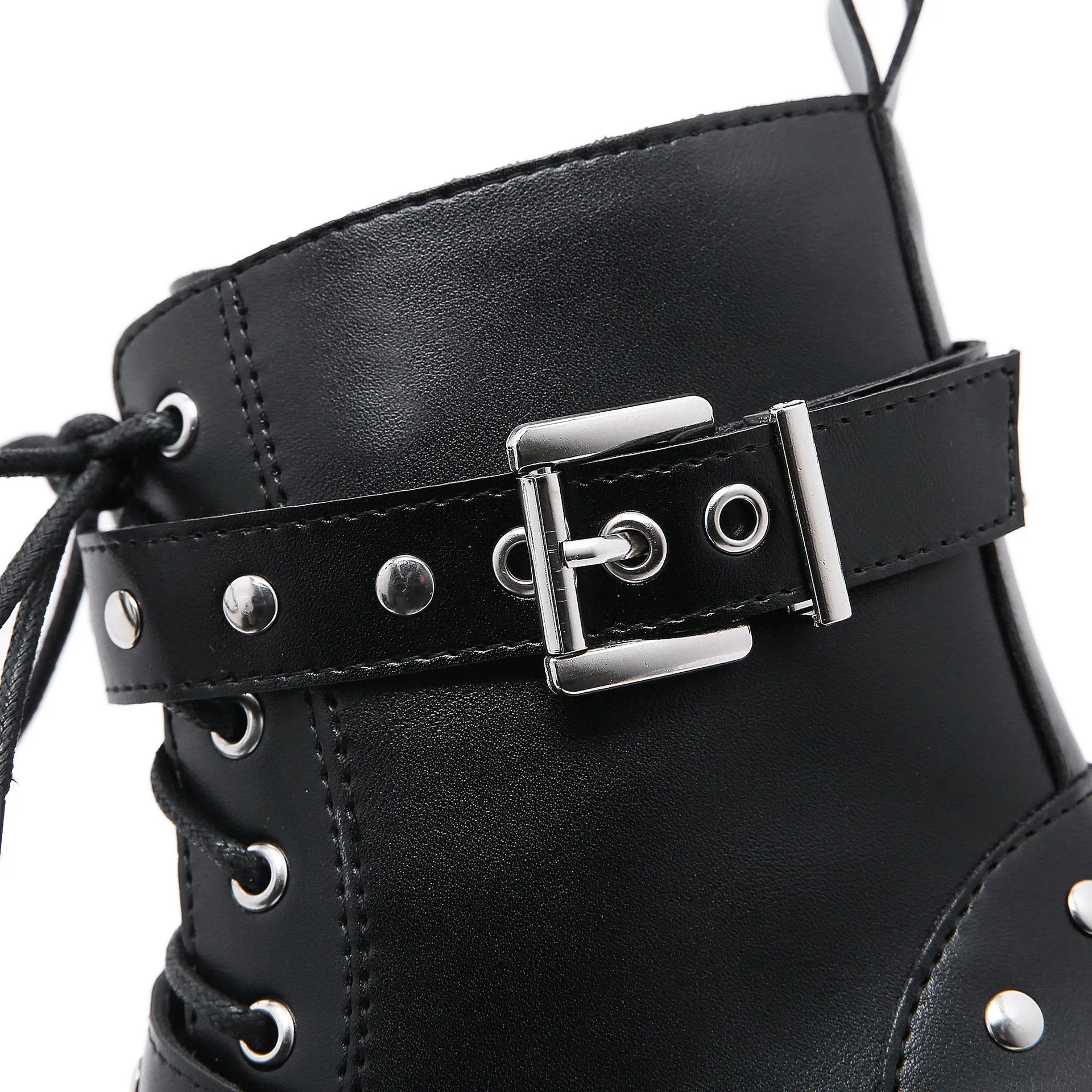 Women prom chunky platform studded buckle strap lace up black boots