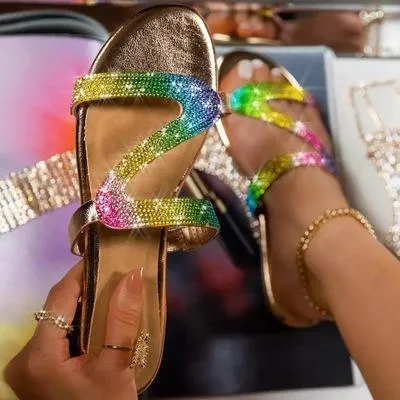 Women rhinestone strap summer beach slide flat sandals