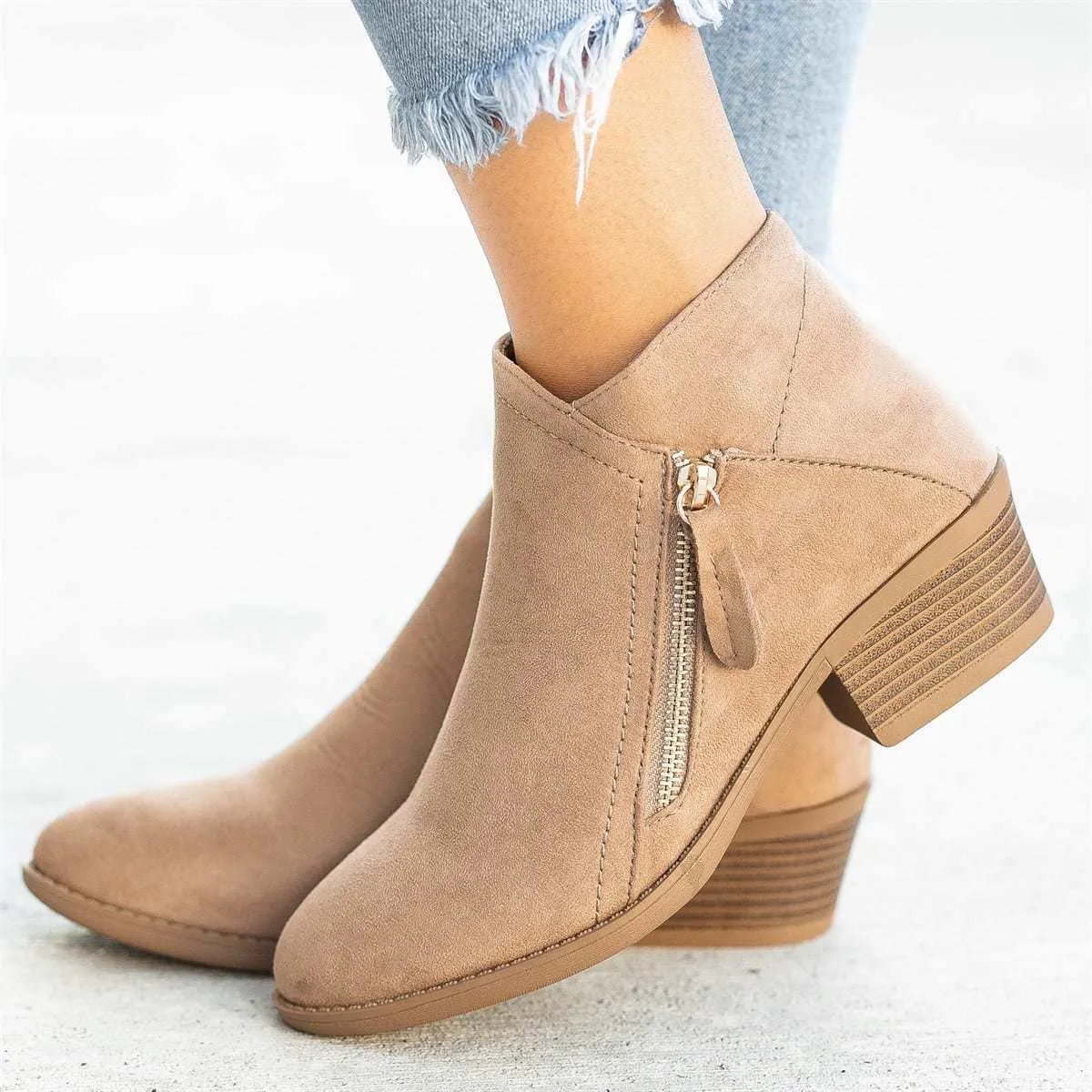 Women Side Zipper Boots Fashion Suede Low Heel Shoes