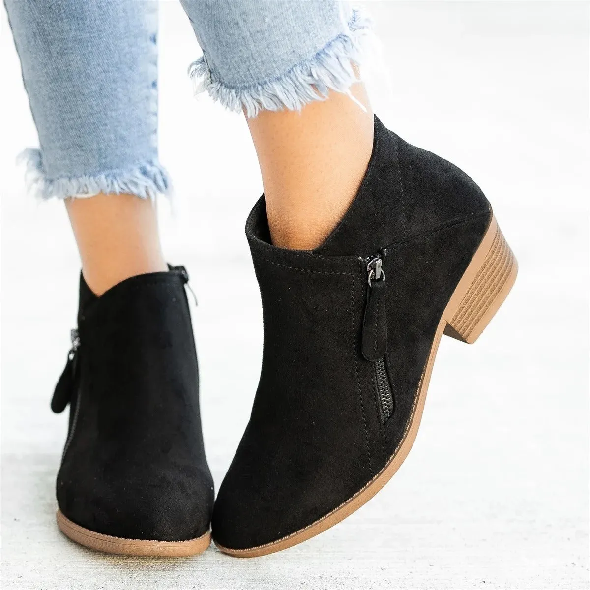 Women Side Zipper Boots Fashion Suede Low Heel Shoes