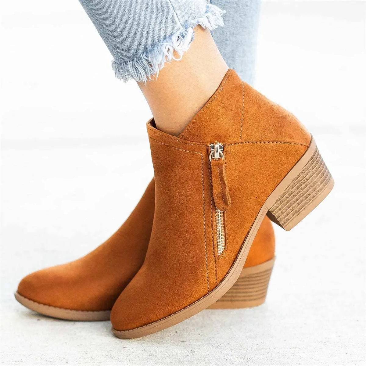 Women Side Zipper Boots Fashion Suede Low Heel Shoes