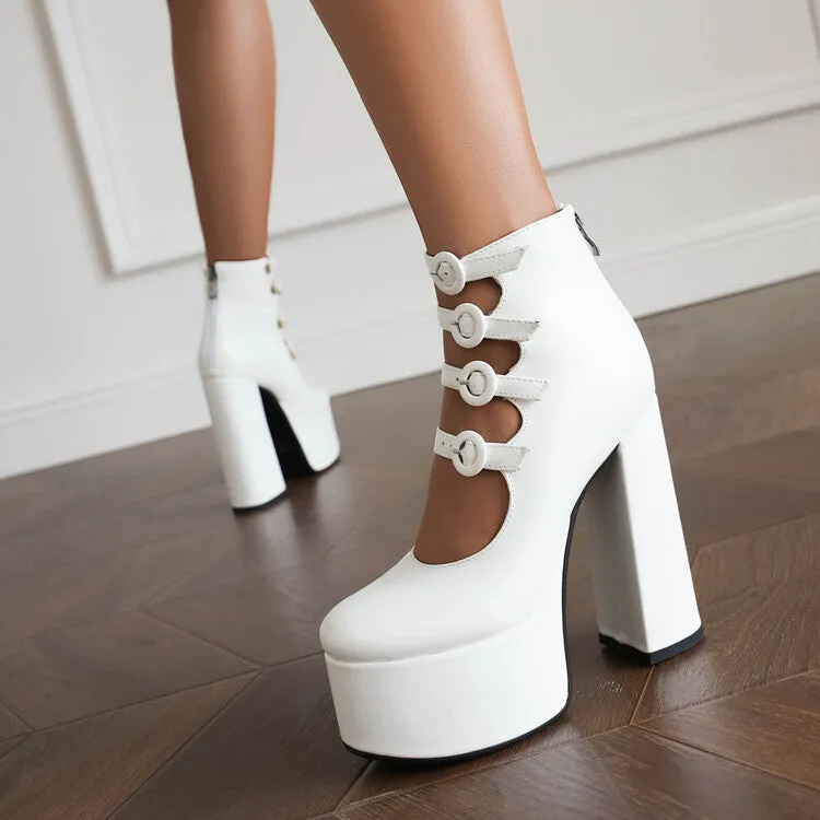 Women's Booties Glossy Round Toe Cutout Buckle Straps Block Chunky Heel Platform Back Zippers Short Boots