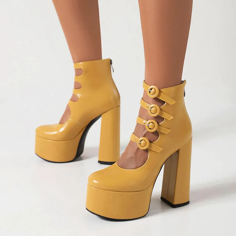 Women's Booties Glossy Round Toe Cutout Buckle Straps Block Chunky Heel Platform Back Zippers Short Boots