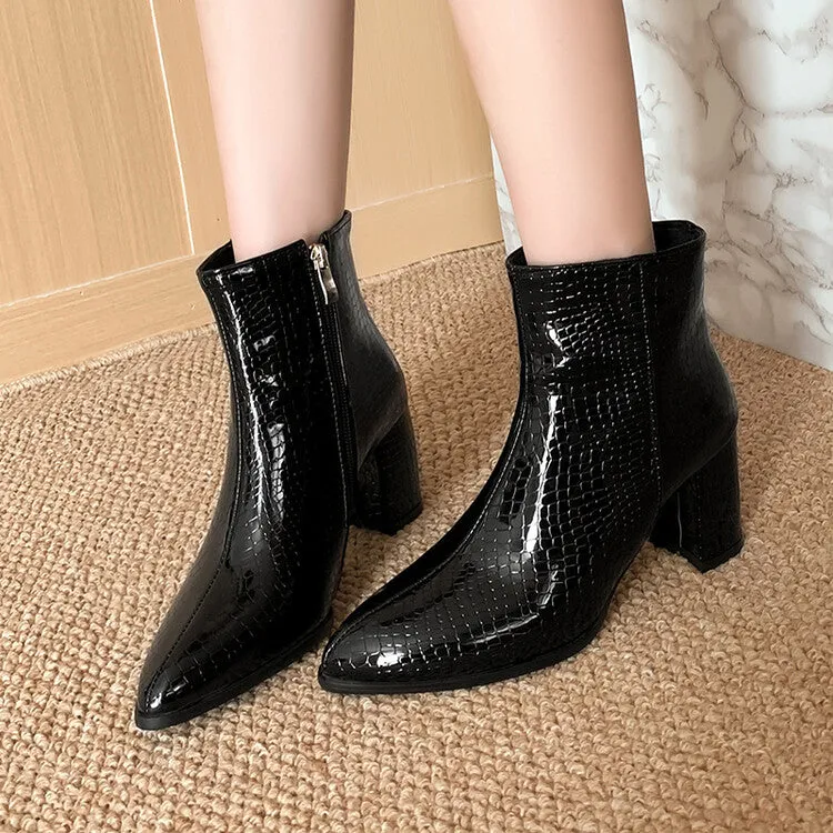 Women's Crocodile Pattern Pu Leather Side Zippers Block Chunky Heel Short Boots