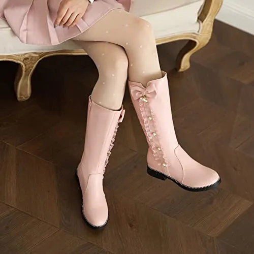 Womens Fall Winter Knee High Boots Princess Shoes Women Fashion Bowkont Lace Waterproof Knee Boot Snow Boots (Pink, 8.5)