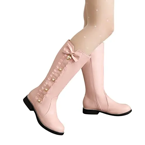 Womens Fall Winter Knee High Boots Princess Shoes Women Fashion Bowkont Lace Waterproof Knee Boot Snow Boots (Pink, 8.5)