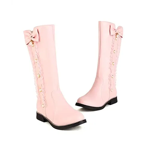 Womens Fall Winter Knee High Boots Princess Shoes Women Fashion Bowkont Lace Waterproof Knee Boot Snow Boots (Pink, 8.5)