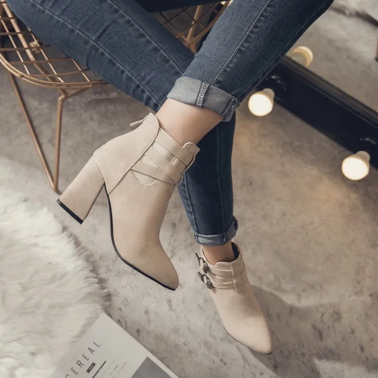 Women's Flock Pointed Toe Metal Buckle Straps Block Chunky Heel Short Boots