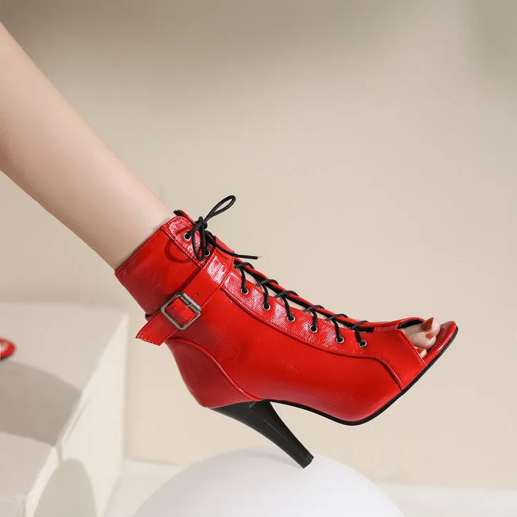 Women's Glossy Open Toe Lace Up Buckle Straps Cone Heel Side Zippers Short Boots