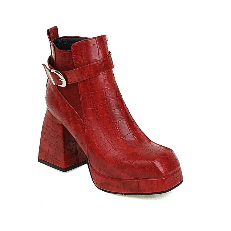 Women's Pattern Pu Leather Belts Buckles Block Heel Platform Short Boots