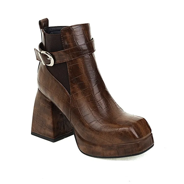 Women's Pattern Pu Leather Belts Buckles Block Heel Platform Short Boots