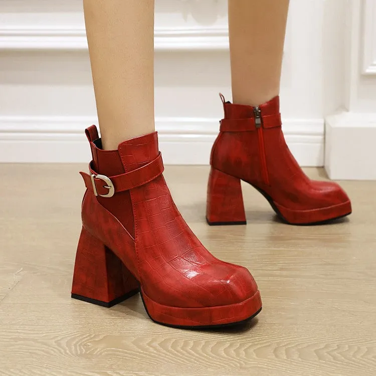 Women's Pattern Pu Leather Belts Buckles Block Heel Platform Short Boots