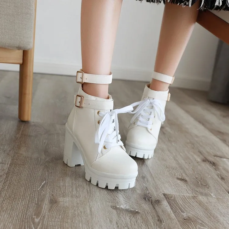 Women's Pu Leather Lace Up Belts Buckles Block Heel Platform Ankle Boots