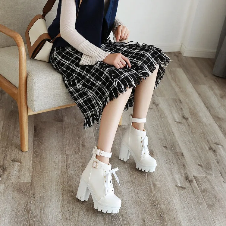 Women's Pu Leather Lace Up Belts Buckles Block Heel Platform Ankle Boots