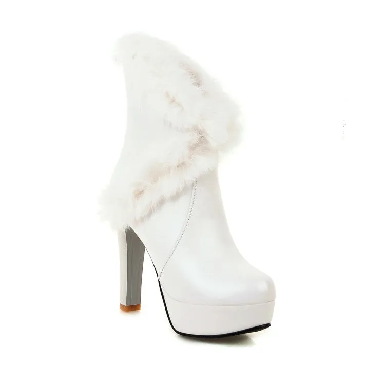 Women's Pu Leather Round Toe Fur Chunky Heel Platform Short Boots