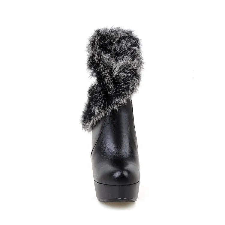 Women's Pu Leather Round Toe Fur Chunky Heel Platform Short Boots