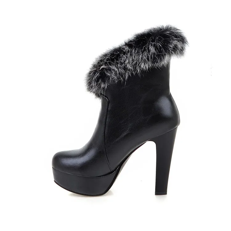 Women's Pu Leather Round Toe Fur Chunky Heel Platform Short Boots