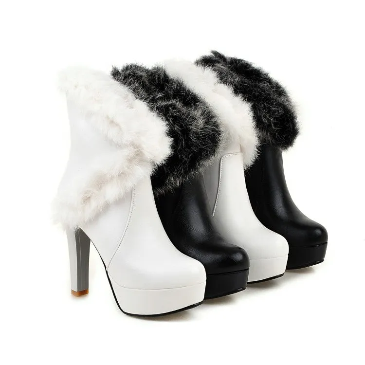 Women's Pu Leather Round Toe Fur Chunky Heel Platform Short Boots