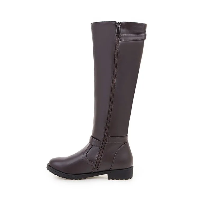 Women's Pu Leather Round Toe Side Zippers Low Heel Knee High Boots