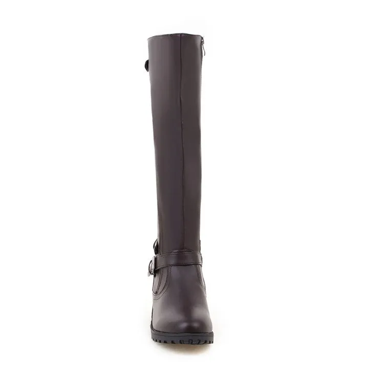 Women's Pu Leather Round Toe Side Zippers Low Heel Knee High Boots