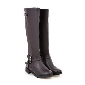 Women's Pu Leather Round Toe Side Zippers Low Heel Knee High Boots