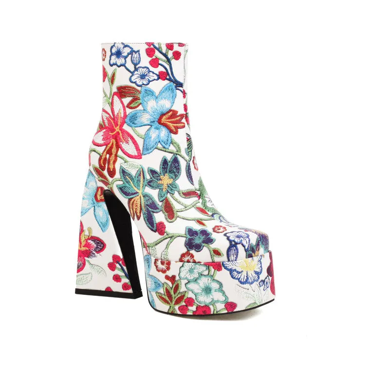 Women's Pu Leather Square Toe Flora Printed Triangle Heel Platform Short Boots