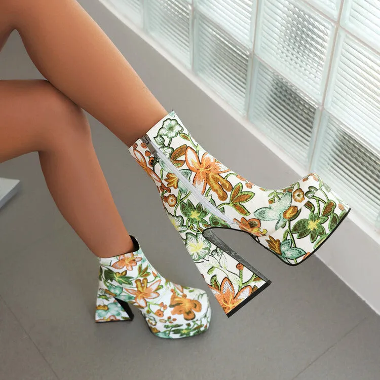 Women's Pu Leather Square Toe Flora Printed Triangle Heel Platform Short Boots