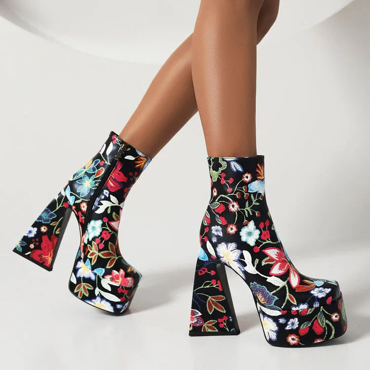 Women's Pu Leather Square Toe Flora Printed Triangle Heel Platform Short Boots