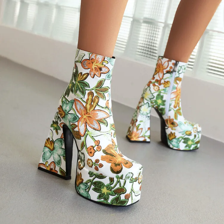 Women's Pu Leather Square Toe Flora Printed Triangle Heel Platform Short Boots