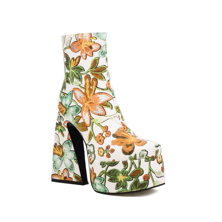 Women's Pu Leather Square Toe Flora Printed Triangle Heel Platform Short Boots