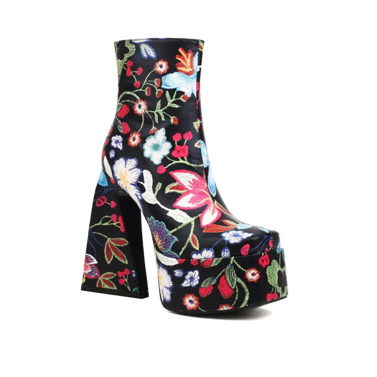 Women's Pu Leather Square Toe Flora Printed Triangle Heel Platform Short Boots