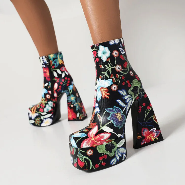 Women's Pu Leather Square Toe Flora Printed Triangle Heel Platform Short Boots