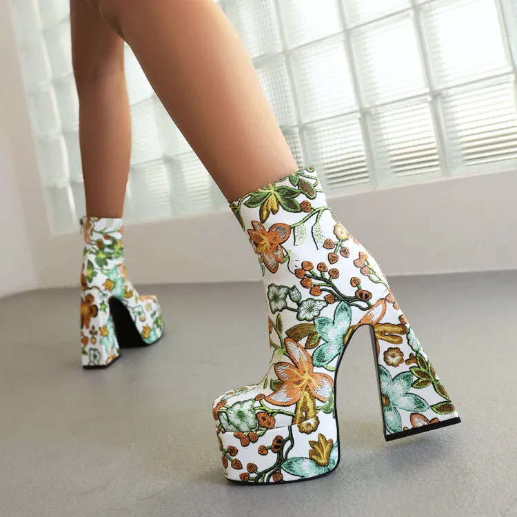 Women's Pu Leather Square Toe Flora Printed Triangle Heel Platform Short Boots