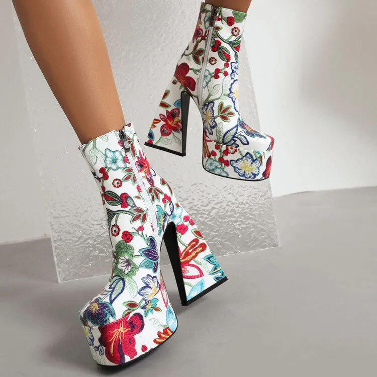 Women's Pu Leather Square Toe Flora Printed Triangle Heel Platform Short Boots