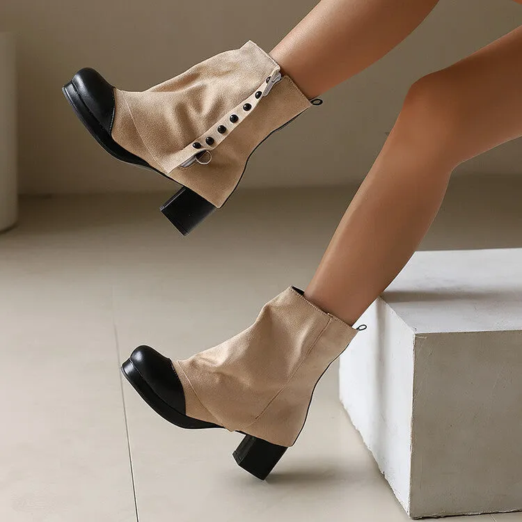 Women's Rivets Square Toe Block Heel Platform Ankle Boots