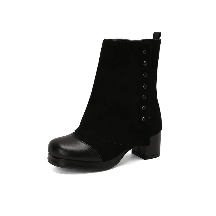 Women's Rivets Square Toe Block Heel Platform Ankle Boots