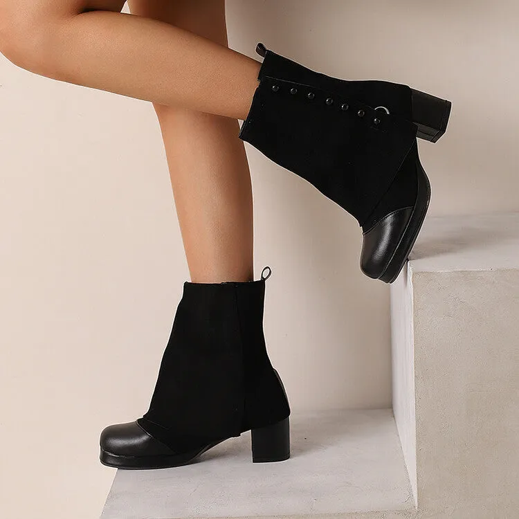 Women's Rivets Square Toe Block Heel Platform Ankle Boots