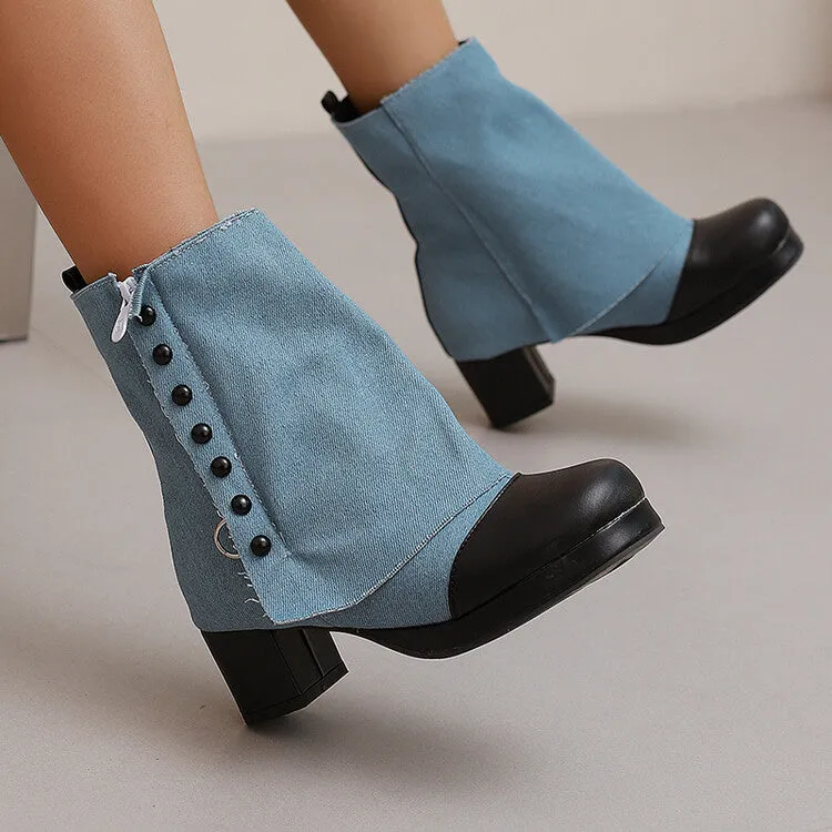 Women's Rivets Square Toe Block Heel Platform Ankle Boots