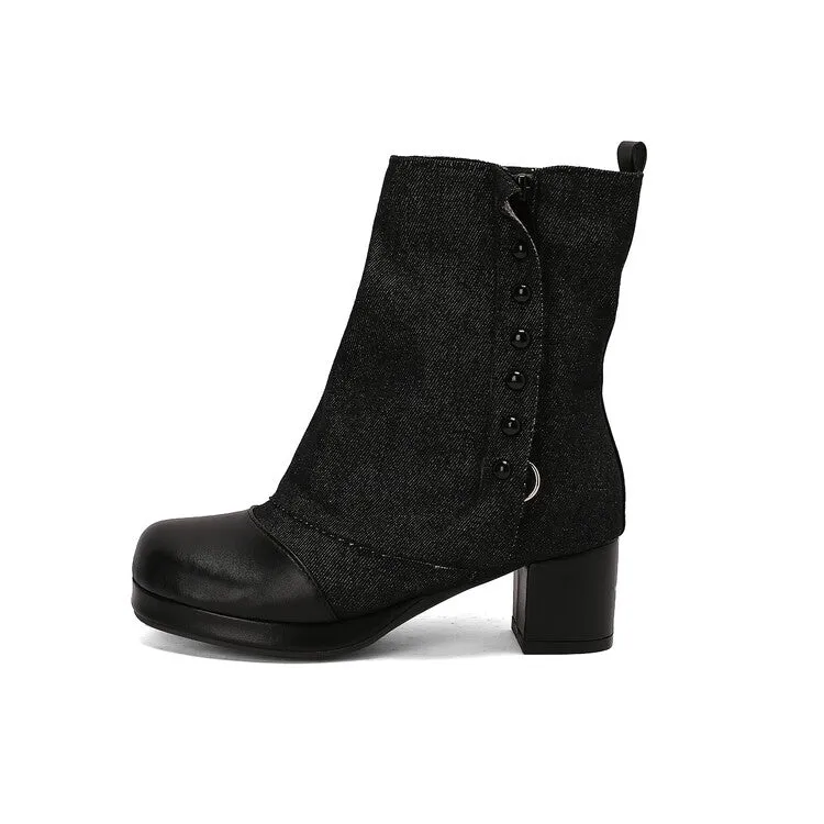 Women's Rivets Square Toe Block Heel Platform Ankle Boots