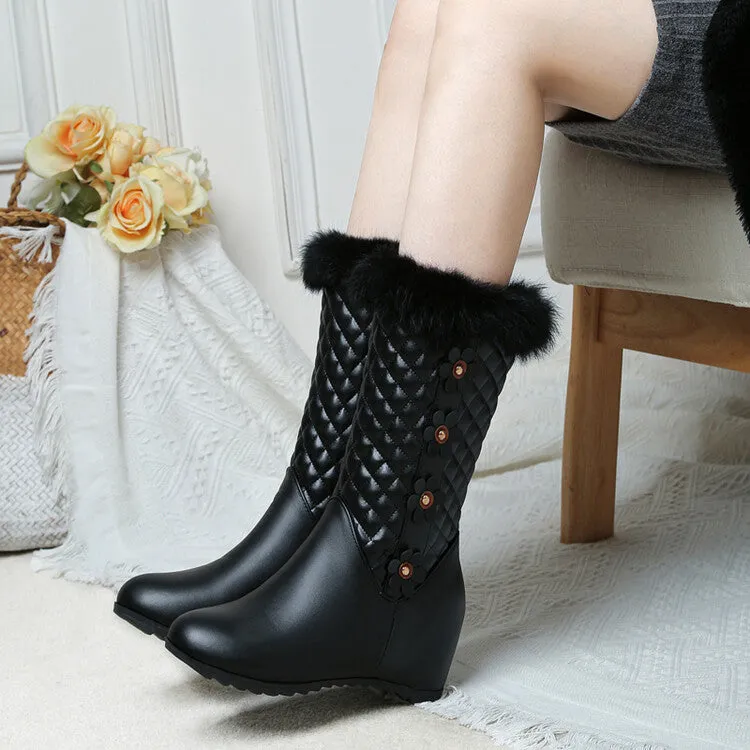 Women's Round Toe Lattice Fur Wedge Heel Inside Heighten Mid Calf Boots