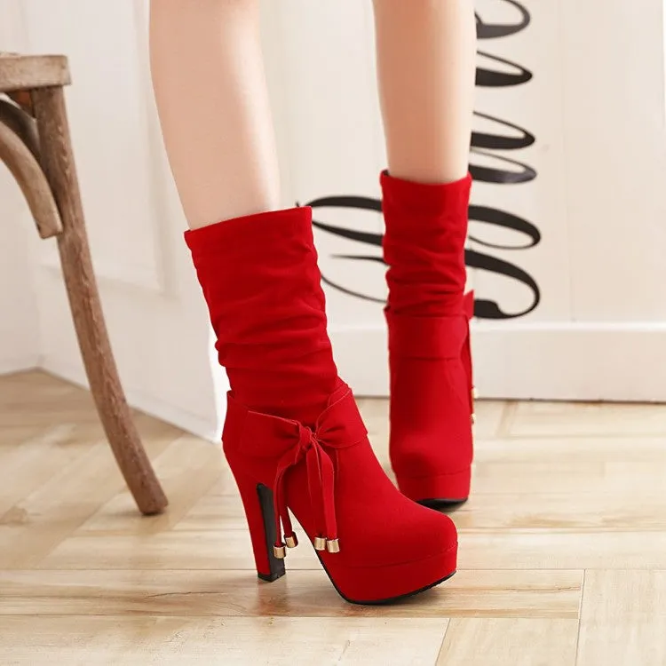 Women's Suede Round Toe Side Tied Belts Chunky Heel Platform Short Boots