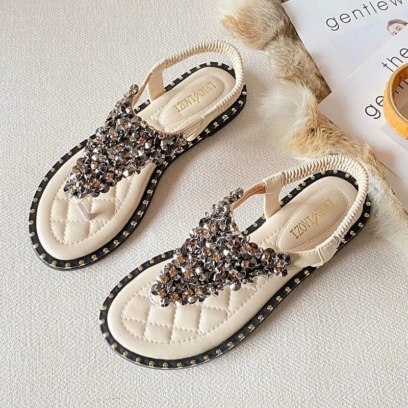 Women's Summer New Rhinestone Flats Roman Sandals