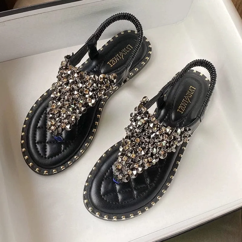 Women's Summer New Rhinestone Flats Roman Sandals