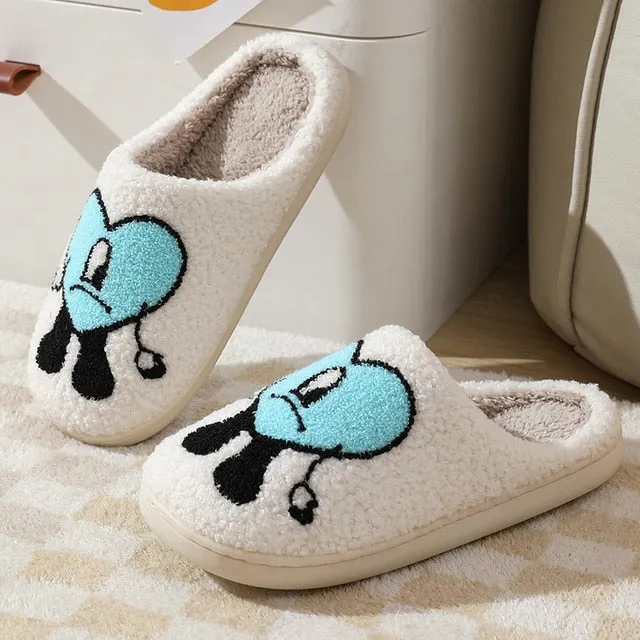 YvvCvv Smile Face Fluffy Fur Slippers Women Warm Plush Memory Foam Slide Slippers Home 2022 Winter Soft Indoor Shoes House